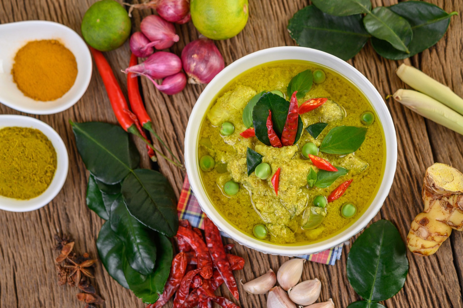 Thai green curry with chicken, basil, chilies and vegetables