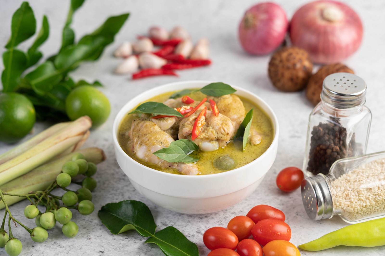 Thai green curry with chicken, basil, chilies and coconut milk