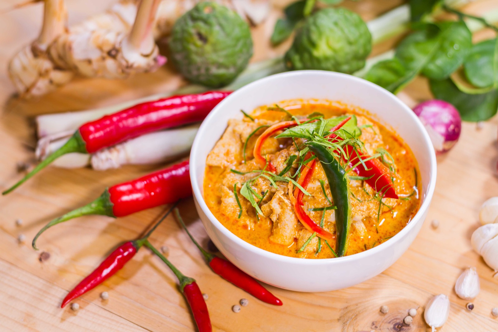 Thai red curry with chicken, red chilies and kaffir lime leaves